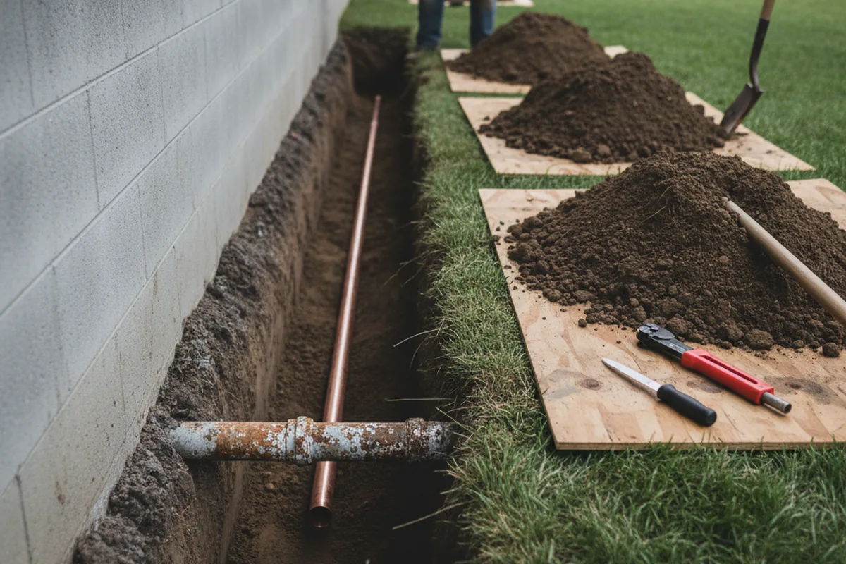 Excavated water line trench during Sewer Line Repair in Barnesville